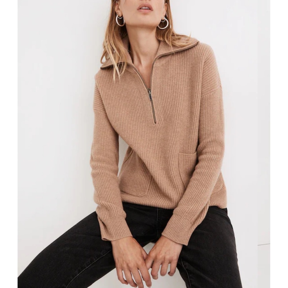 Madewell Glenbrook Women L Half Zip Sweater Merino Wool Blend Ribbed Sweater Tan